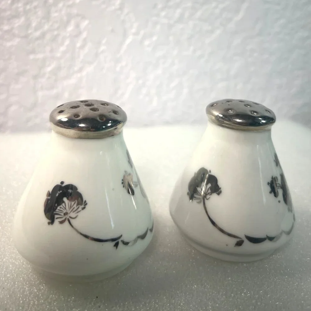 Vintage Bavaria Porcelain‎ Salt & Pepper Shakers Silver Floral Trim Germany  MCM